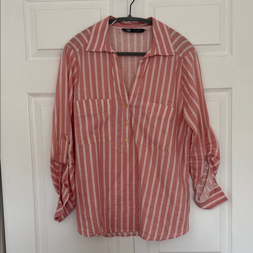 Zara Coral Striped Button Down Shirt